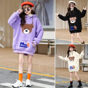 Girls' Fuzzy Sweater with Towel-Embroidered Bear