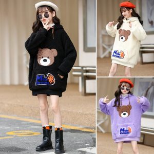 Girls' Thick Fleece Sweater with Towel-Embroidered Bear