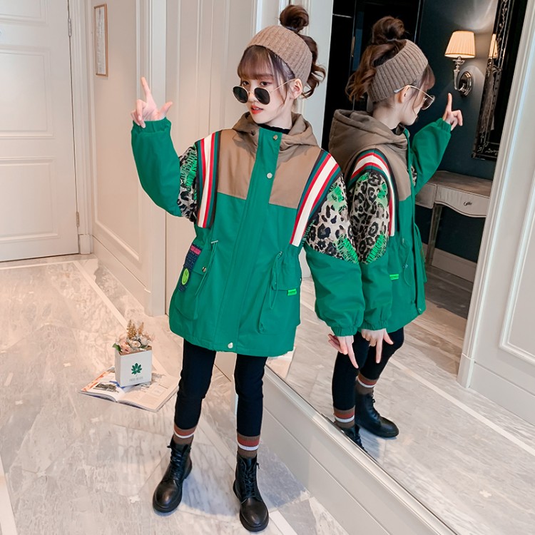 Girls' Leopard Print Padded Parka, Green & Khaki