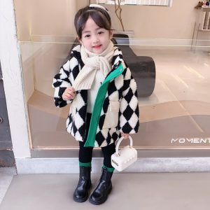 Girls' Black & White Checked Fuzzy Fleece Coat