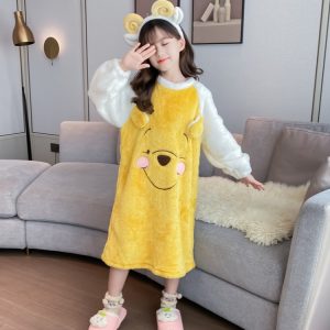 Girls' Long-Sleeve Nightdress with Yellow Bear Print