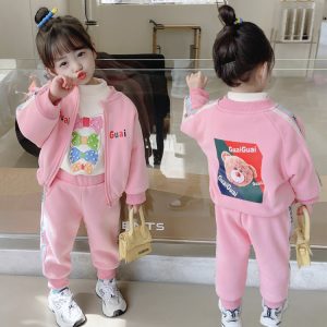 Girls' Fleece-Lined Bear Print 3-Piece Cardigan Set