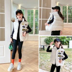 Girls' Quilted Padded Vest, Black or Cream, Fall