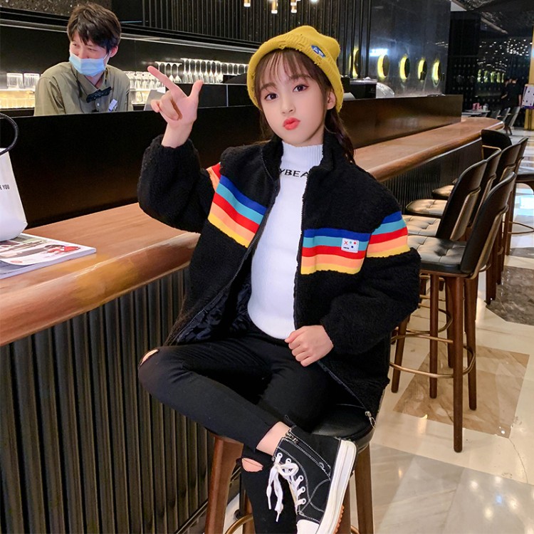 Girls' Fuzzy Fleece Sweater with Rainbow Stripes - Image 2