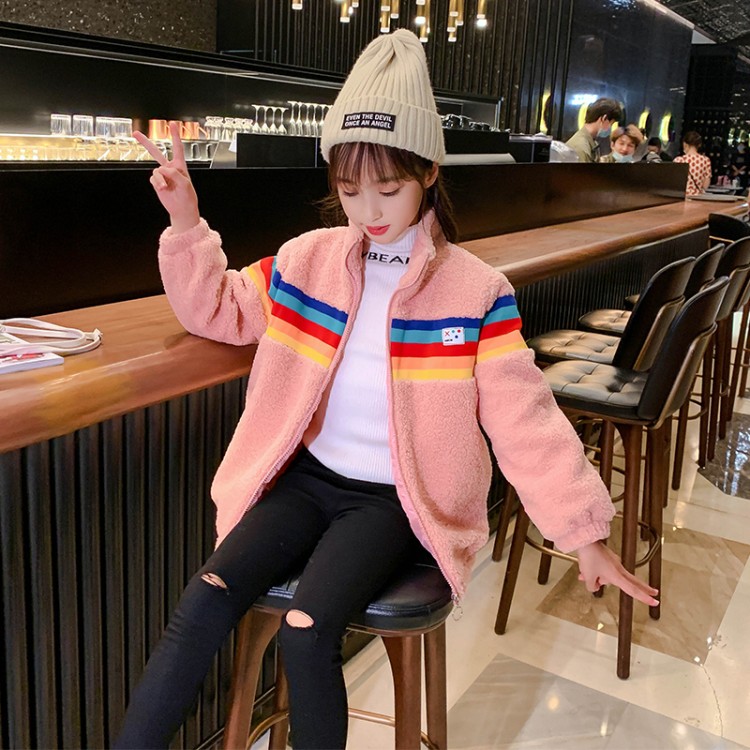 Girls' Fuzzy Fleece Sweater with Rainbow Stripes - Image 3