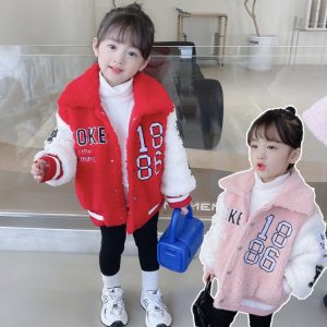 Girls' Thickened Fleece Coat with Patch Applique