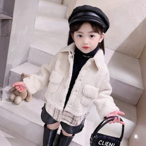 Girls' Plaid Panel Faux Fur Coat, Brown/Off-White
