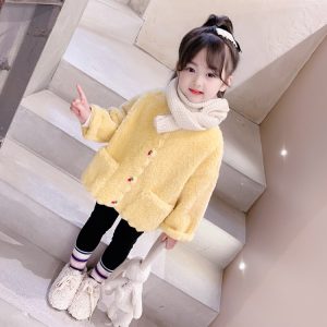 Girls' Faux Fur Coat with Strawberry Button Detail