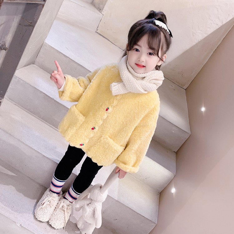Girls' Faux Fur Coat with Strawberry Button Detail