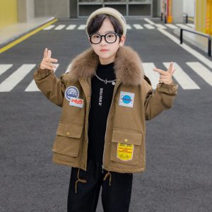 Girls' Short Padded Parka with Faux Fur Collar