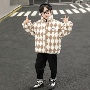 Boys' Checked Fuzzy Fleece Pullover, White/Black