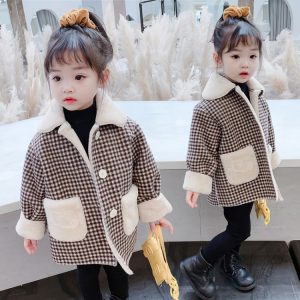 Girls' Fleece-Lined Checked Coat with Front Pockets