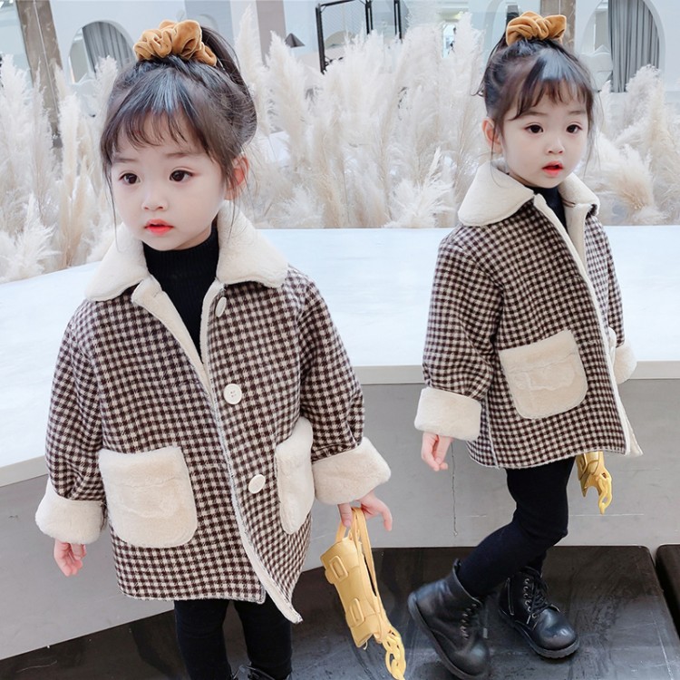 Girls' Fleece-Lined Checked Coat with Front Pockets