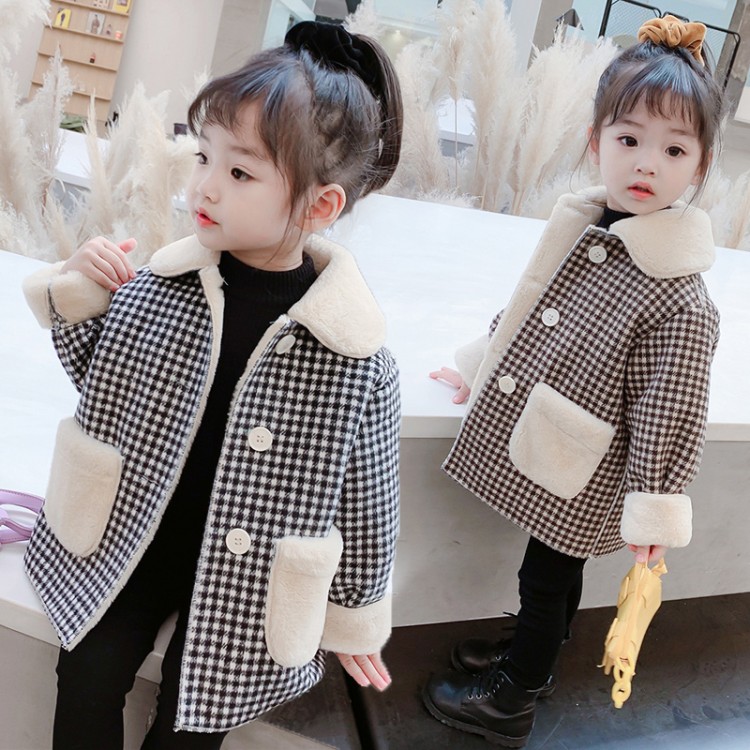 Girls' Fleece-Lined Checked Coat with Front Pockets - Image 2