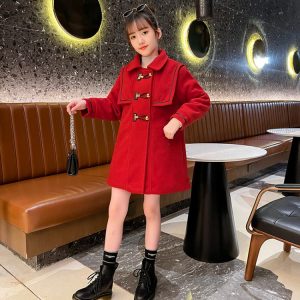 Girls' Thickened Wool-Blend Overcoat in Red or Pink