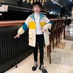 Girls' Padded Color-Block Trench Coat, Rose/Off-White