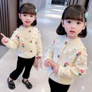 Girls' Open-Front Crochet Knit Cardigan, Cream Color