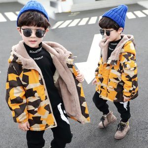 Boys' Yellow Camo Print Padded Parka Coat, Warm