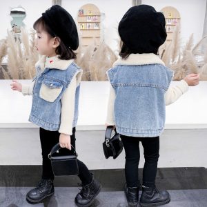 Girls' Denim Vest with Faux Fur Collar Trim, Warm