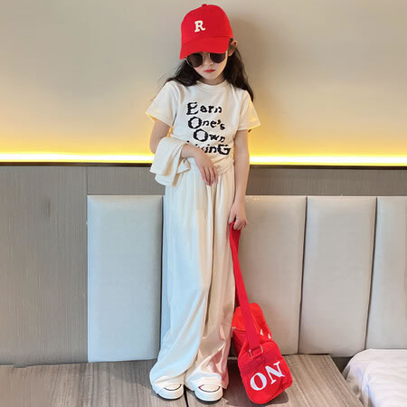 Girls' Spring T-Shirt & Pants Set, Ruched Sleeves - Image 2