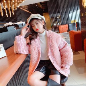Girls' Fuzzy Coat with Blazer-Style Lapel Collar