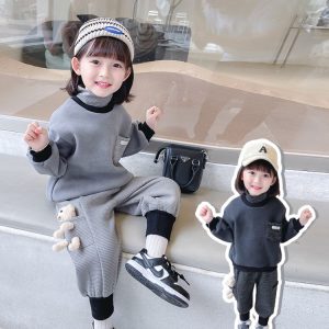 Girls' Thick Fleece-Lined Bear Print 2-Piece Set