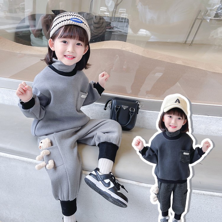 Girls' Thick Fleece-Lined Bear Print 2-Piece Set