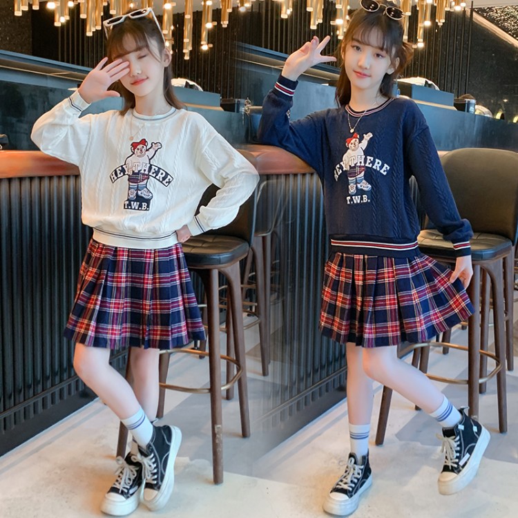 Girls' Bear Print Knit Sweater and Plaid Skirt Set