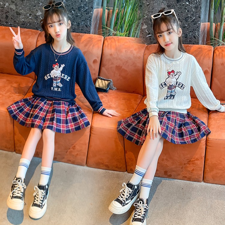 Girls' Bear Print Knit Sweater and Plaid Skirt Set - Image 2