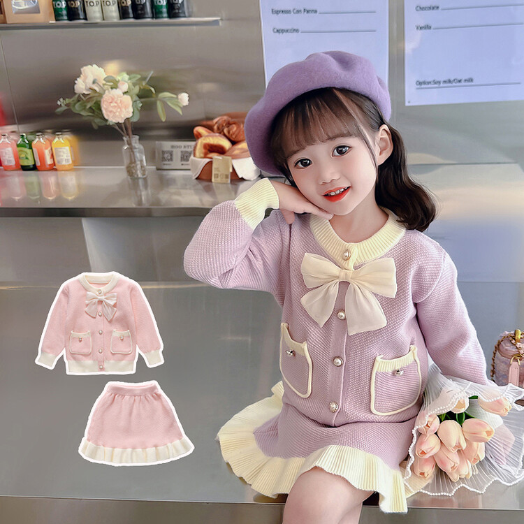 Girls' Knit Sweater & Dress Set with Bow Detail