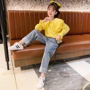 Girls' Round-Collar Shirt and Denim Jeans Set