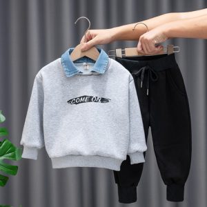 Boys' Fleece-Lined Denim-Collar Sweatsuit Set