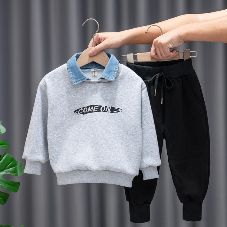 Boys' Fleece-Lined Denim-Collar Sweatsuit Set