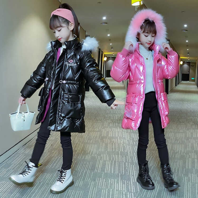 Girls' Padded Coat with Faux Fur Collar & Embroidery