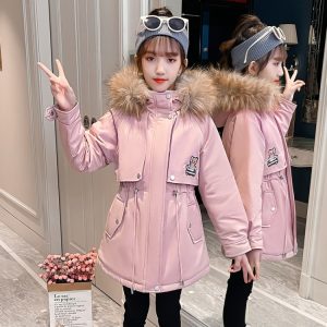 Girls' Padded Parka with Embroidered Bear, 2 Colors