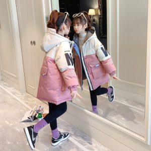 Girls' Spliced Panel Padded Coat, Grey or Pink, Warm