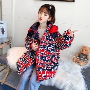 Girls' Thick Mid-Length Hooded Padded Coat, Warm