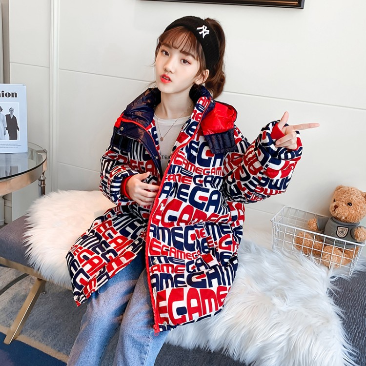 Girls' Thick Mid-Length Hooded Padded Coat, Warm