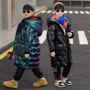 Boys' Long Glossy Faux-Leather Padded Coat, 2 Colors