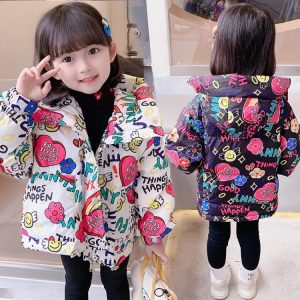 Girls' Padded Coat with Heart and Flower Print, 2 Colors