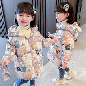 Girls' Thick Warm Padded Coat with Cartoon Print