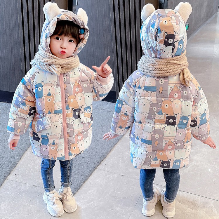 Girls' Thick Warm Padded Coat with Cartoon Print - Image 2