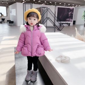 Girls' Padded Coat with Faux Fur Collar, 3 Colors