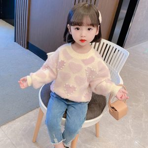 Kids' Thick Heart Beaded Sweater, Korean Style Knit