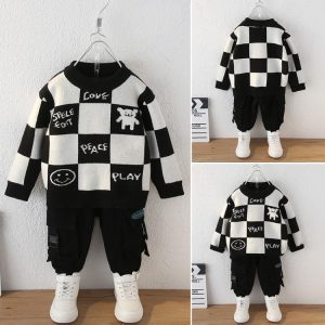 Boys' Black Checkerboard Pattern Knit Sweater, Fall