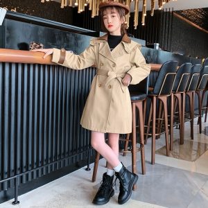 Kids' British-Style Belted Trench Coat, Khaki, Fall