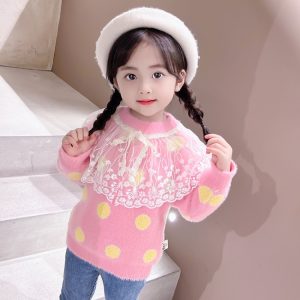 Kids' Faux Mink Polka-Dot Sweater with Lace Trim