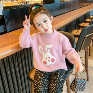 Kids' Faux Mink Sweater with Bunny Print in Pink