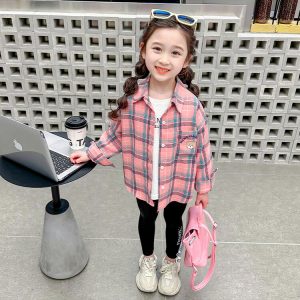 Girls' Checked Shirt with Bear Embroidered Detail