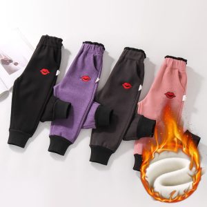 Boys' Fleece-Lined Jogger Pants with Red Lips Print